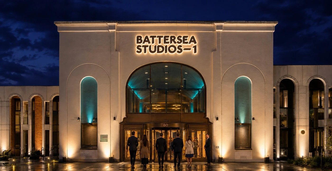 The building lit for an evening event
