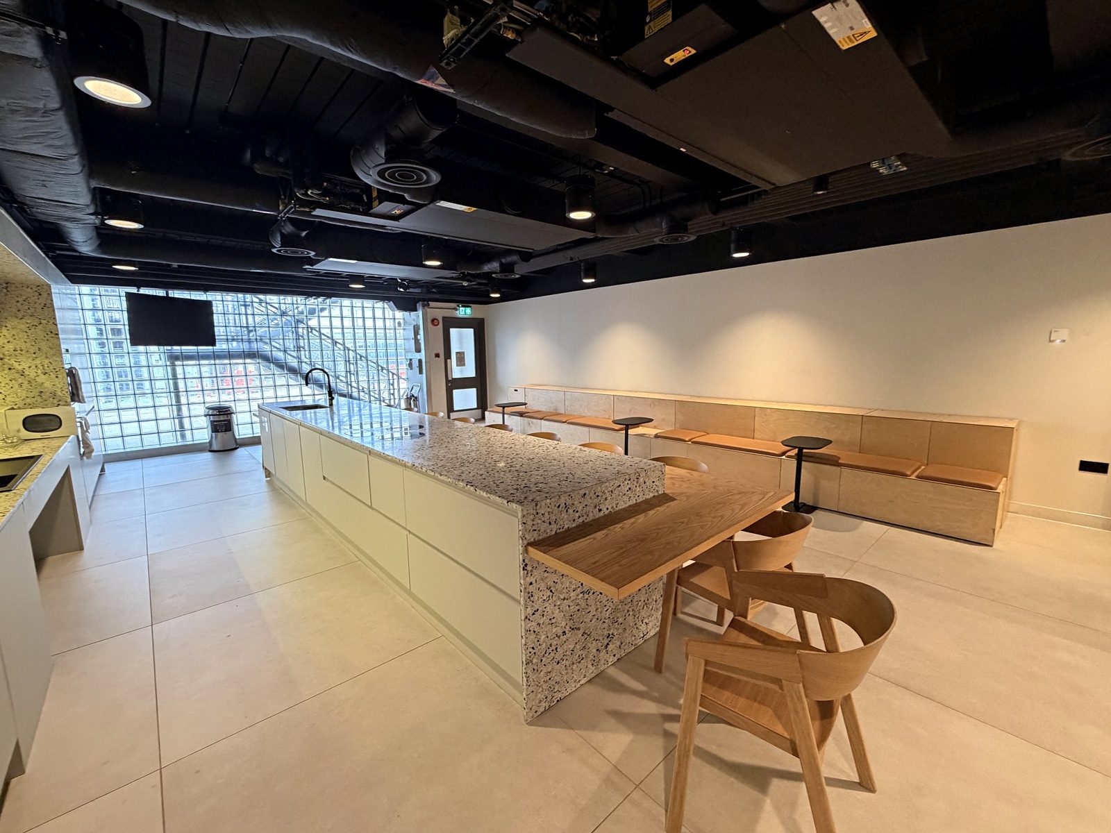 The kitchen island and seating