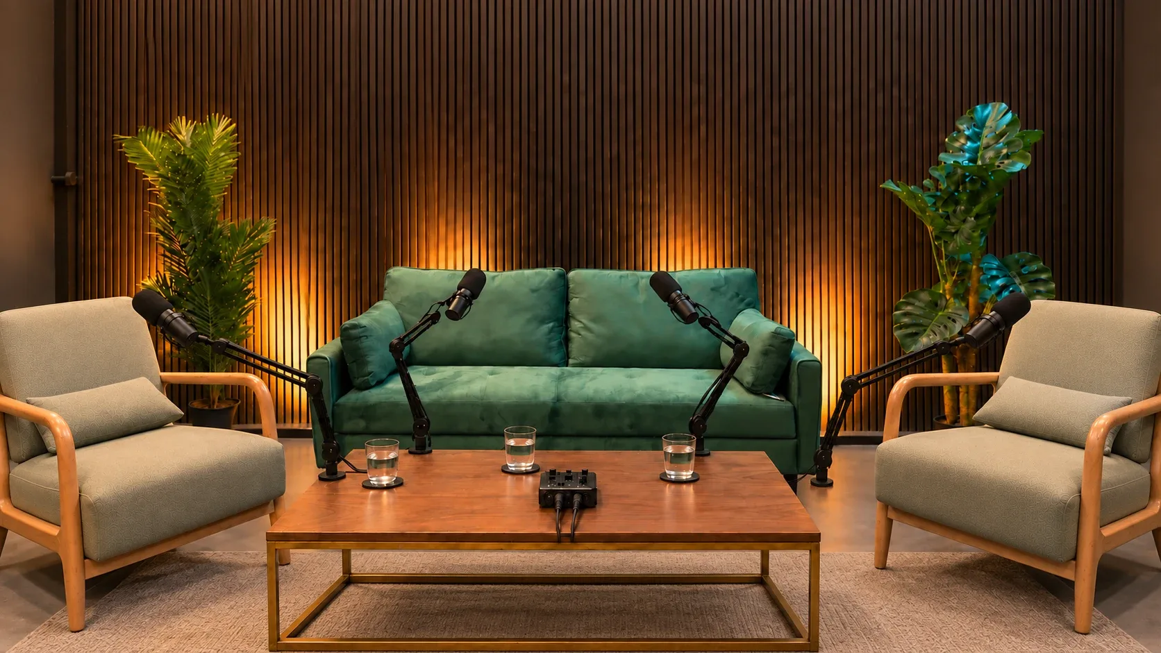 Studio 3 lounge set with sofa, armchair and boom microphones